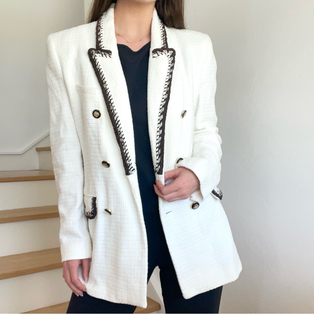 Zara Topstitched Double Breasted White Black Brown Tweed Textured Blazer Jacket